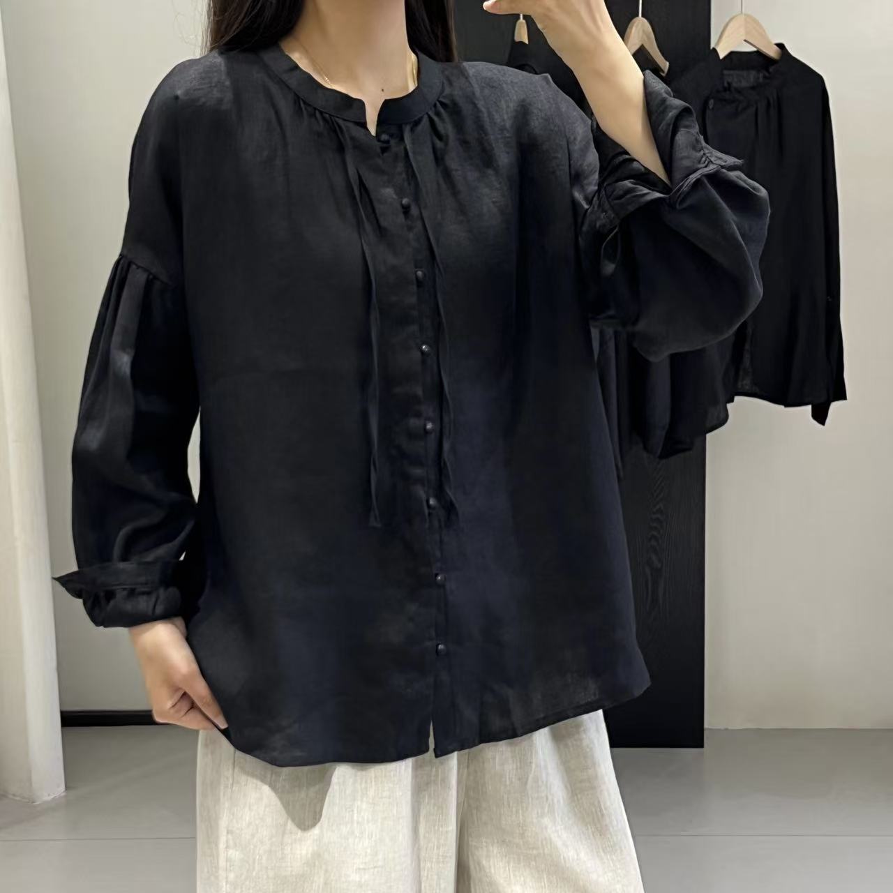 半自由2025原创早春新款小众设计亚麻包扣宽松衬衣系带纯色女衬衫