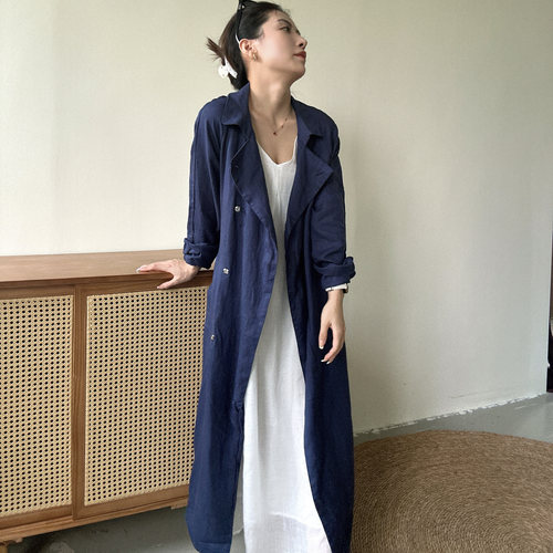 半自由 老钱风 长款外套 100亚麻开衫 暗扣 慵懒风大领子风衣