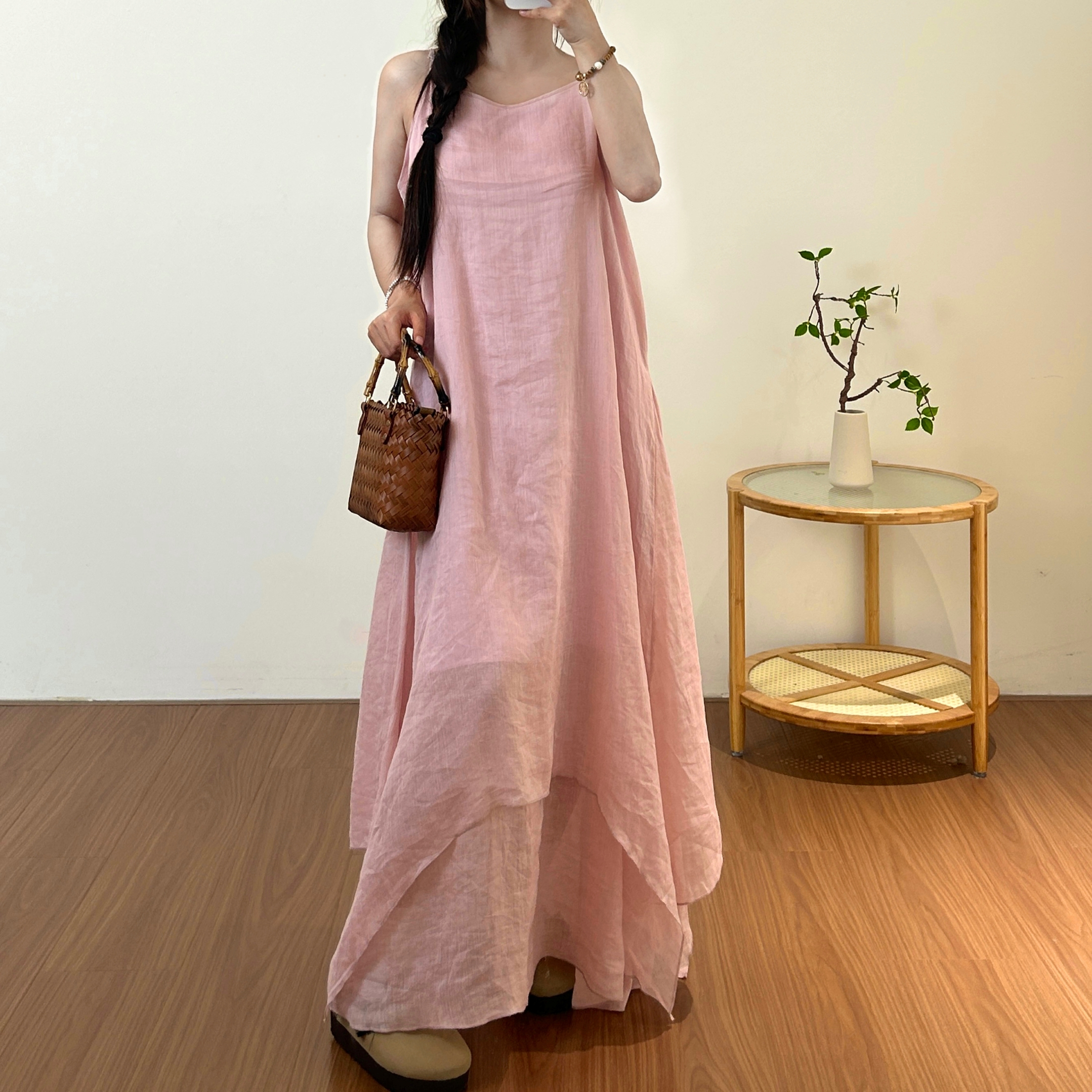 2025新款苎麻气质百搭仙气宽松文艺双层小众中长款女吊带连衣裙
