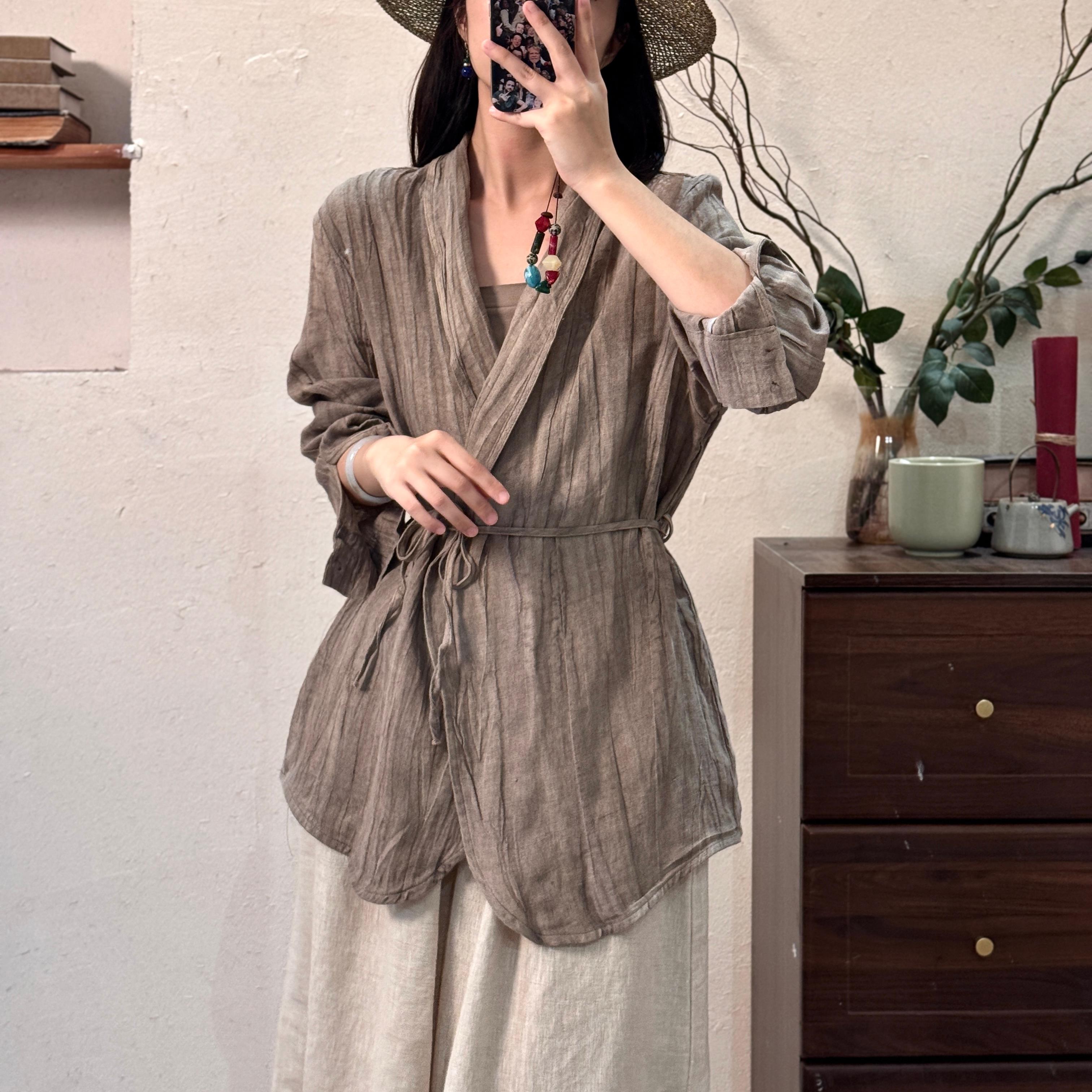 半自由2025春季新款自然压皱扎染亚麻古着复古小众细带外套