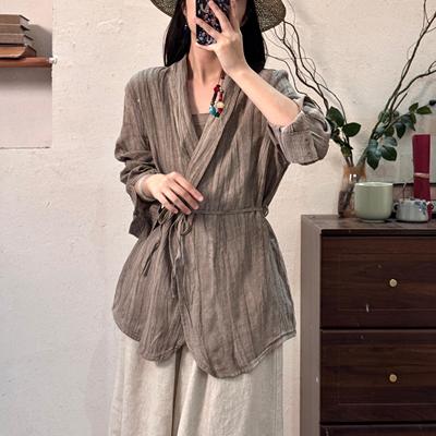 半自由2025春季新款自然压皱扎染亚麻古着复古小众细带外套