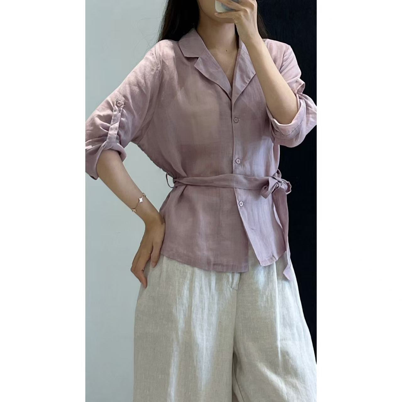 半自由2025年夏季新款系带小众设计百搭气质长袖薄款V领显瘦衬衫