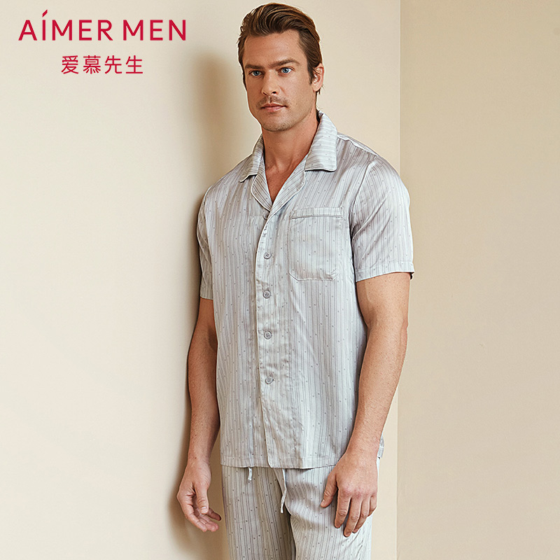 aimer men爱慕先生真丝家居服翻领短袖上衣男真丝NS41C112