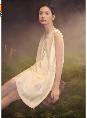爱慕皇锦真丝印花斜纹缎女士睡衣无袖背心睡裙家居服-竹韵HJ21456
