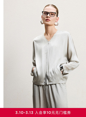 AIMER CHUANG26春夏调性19女士桑蚕丝皱缎V领长袖短外套CA812321