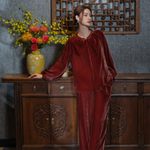 领开襟分身HJ21560 真丝丝绒拼素色睡衣女家居中式 爱慕皇锦 合