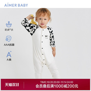 爱慕婴幼儿睡袋软奶糖春秋长袖 分腿睡衣A类3A抗菌奶牛斑点奶皮衣