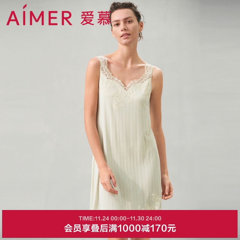 爱慕春夏睡美人睡衣女蕾丝宽肩短中款可外穿睡裙AM449671