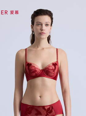 爱慕菲影内衣女轻薄杯大胸显小大罩杯红色本命年文胸新款AM13C381