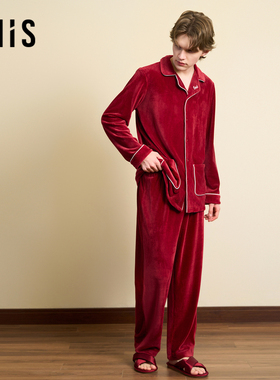 爱美丽无毛撸猫绒红色本命年男式翻领长袖长裤家居服套装IM46BWC2