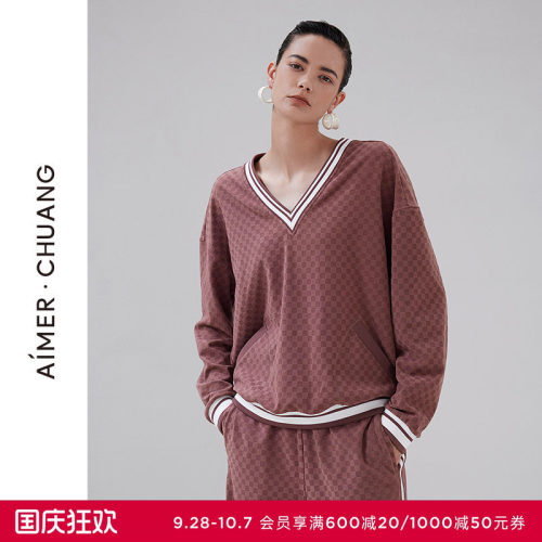 AIMER CHUANG乐野秋冬女舒绒提花V领套头长袖上衣CA451942