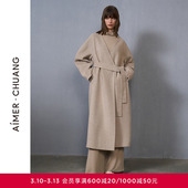 AIMER 大衣 CHUANG和光外穿女士秋冬羊毛含桑蚕丝双面呢无领长款