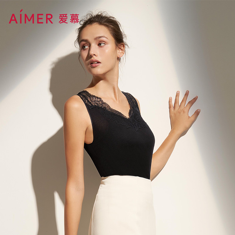 爱慕官方正品牌保暖内衣女爱意棉绵带杯一体蕾丝性感无袖打底背心
