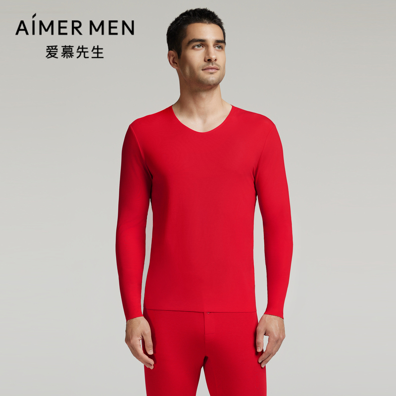 爱慕先生24秋冬牛奶随心保暖内衣男红色单层净痕V领长袖打底上衣