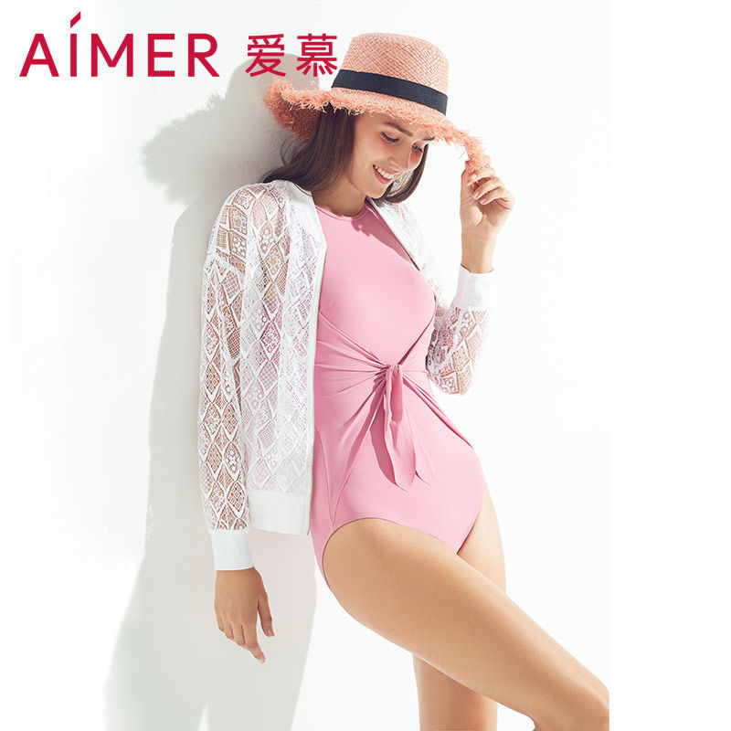 爱慕Aimer夏季防晒衣女缕空蕾丝拉链长袖上衣外套沙滩衣AM604302