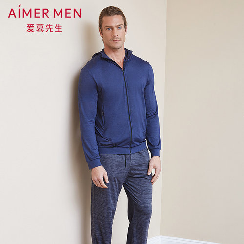 aimer men爱慕先生花灰运动拉链长袖帽衫NS62B687