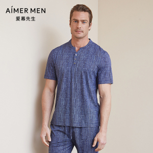 爱慕先生舒爽棉麻亨利Y领短袖上衣NS41B851