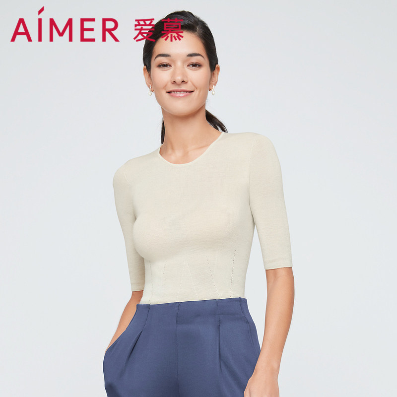 爱慕22SS轻盈针织圆领五分袖上衣女士保暖打底衫AM727353