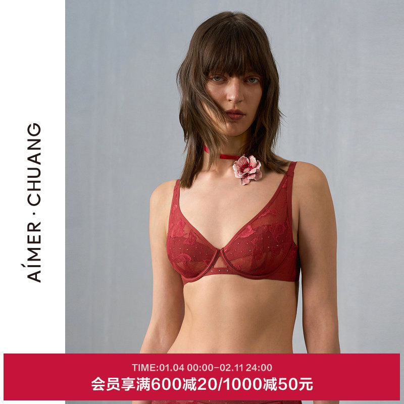 AIMER CHUANG玫瑰4内衣女轻薄杯大胸显小红色文胸本命年CA131401
