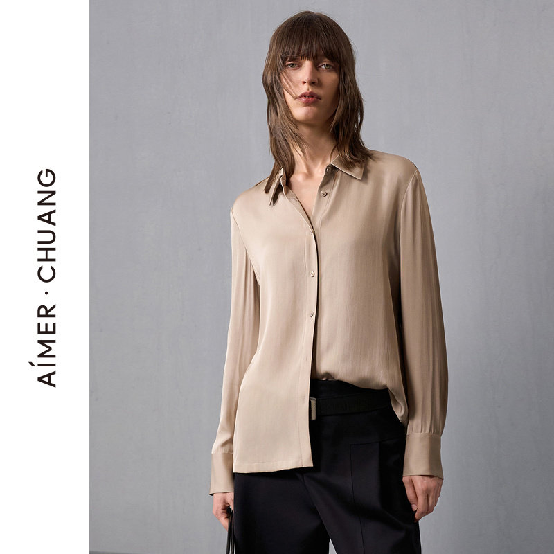AIMER CHUANG24AW调性女士真丝双乔绉打底长袖衬衫上衣CA811421