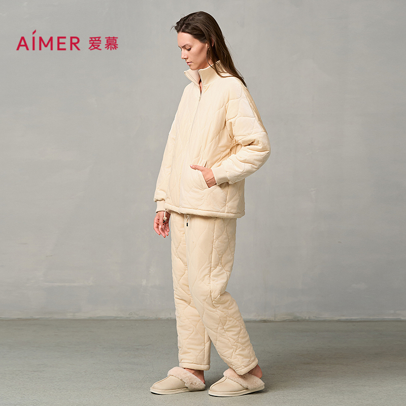 爱慕晴棉睡衣女秋冬加厚可外穿长袖长裤分身家居套装AM46A141