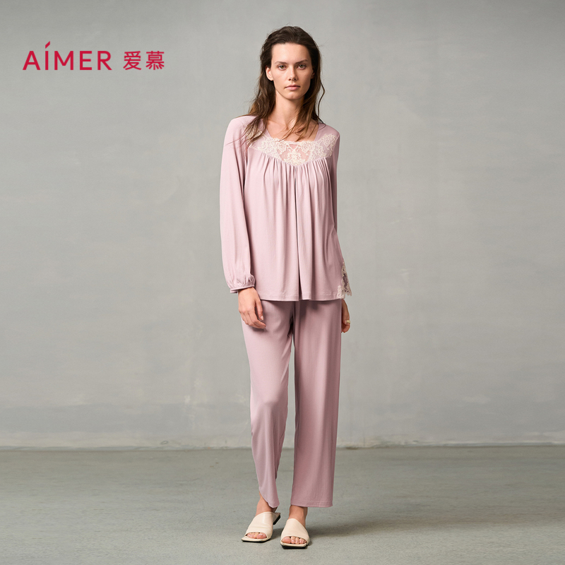 爱慕睡美人睡衣女秋冬莫代尔套头长袖带胸垫分身家居套装AM46A111