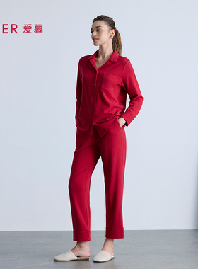 爱慕25新款睡衣女秋冬牛奶生活红色棉质可外穿家居服套装AM46B751