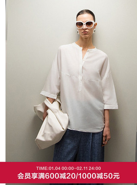 AIMER CHUANG沐夏女士含桑蚕丝七分袖阔版圆领衬衫上衣CA811811