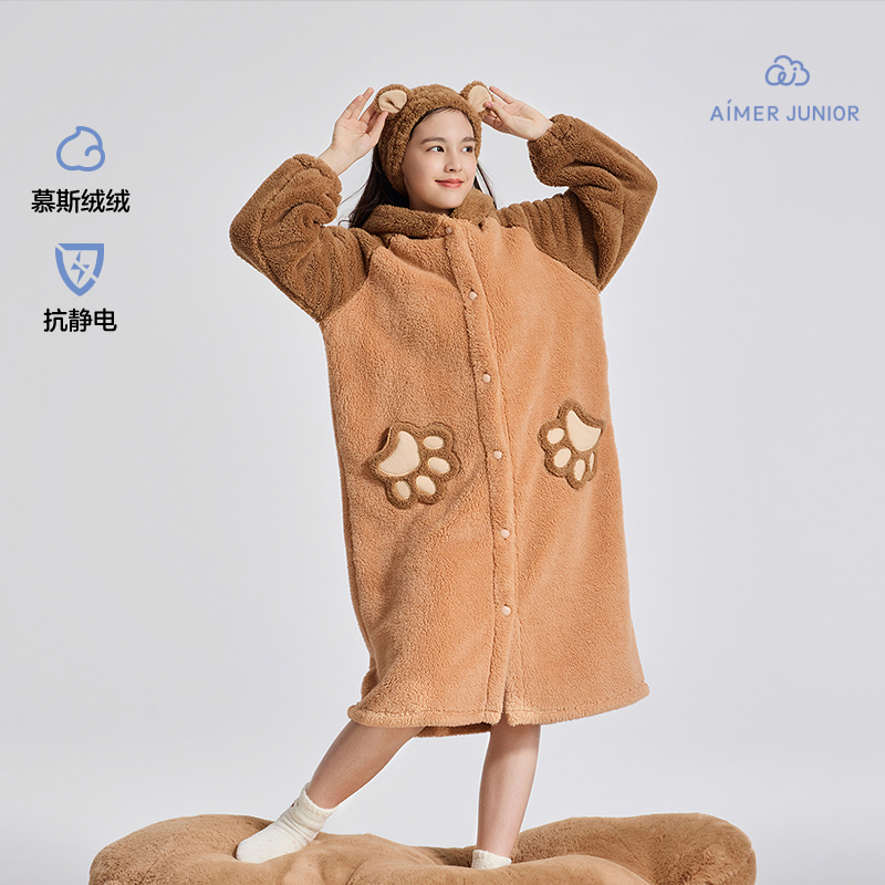 爱慕少女毛绒熊秋冬抗静电加绒加厚少女家居袍发带套装AJ144F541