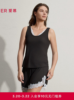 爱慕26春夏海藻家居服Lite女蕾丝带胸垫背心短裤套装AM46C631