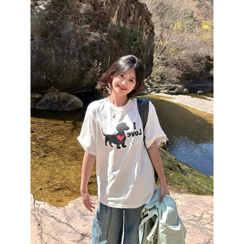 i love my dog小众设计感印花短袖T恤女夏季新款纯棉圆领上衣国潮