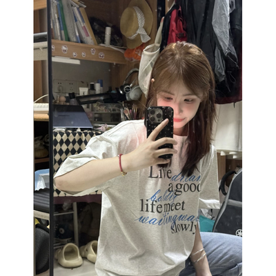美式复古撞色字母印花t恤女宽松情侣款oversize半袖纯棉上衣国潮