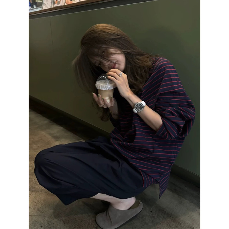 港风chic复古条纹长袖t恤女小众设计感撞色宽松休闲圆领打底上衣