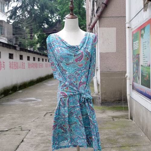 BCBGMAXAZRIA荡领蝙蝠袖宽松系带印花冰丝夏季连衣裙VERTIGO U