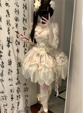 绿色竹叶印花新中式国风仙女芭蕾风优雅仙气Lolita裙洛丽塔公主裙