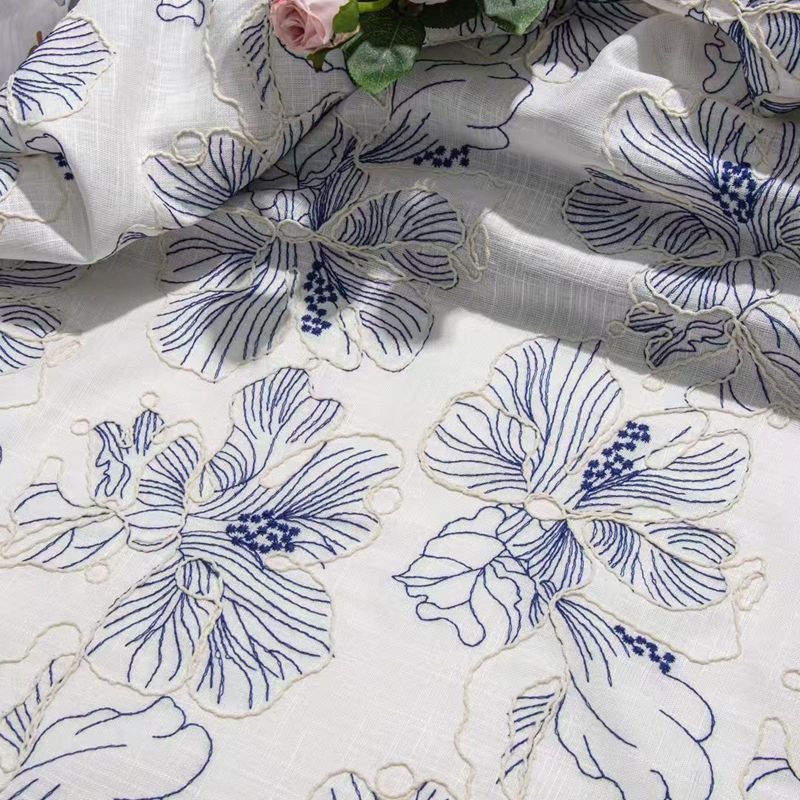 国风青花瓷提花刺绣棉麻服装布料