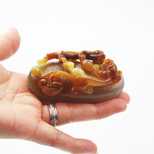 手把件小摆件子 天然马料手工镂空雕刻双貔貅招财礼物女士男款