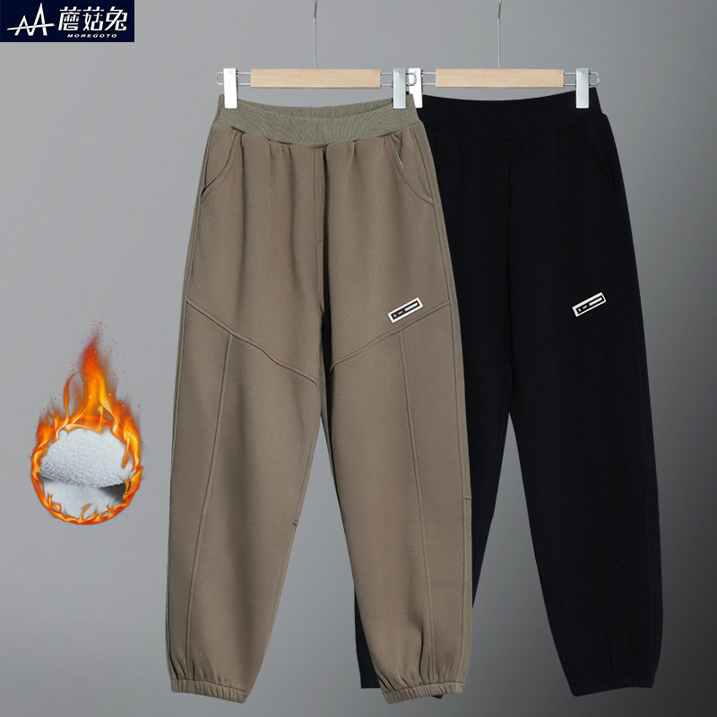 蘑菇兔胖童裤子一体绒男童运动裤童装加绒冬款加肥加大码男孩长裤