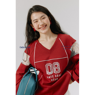 宽松显瘦卫衣 晶咕白标DADATATA微胖女生穿搭蕾丝拼接V领胖mm大码
