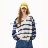 条纹撞色V领套头毛衣 学院律动 晶咕白标DADATATA2026春季 新款