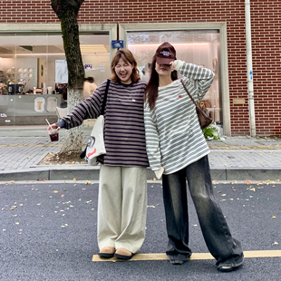 晶咕白标DADATATA复古美式 上衣 条纹撞色长袖 T恤女胖mm大码