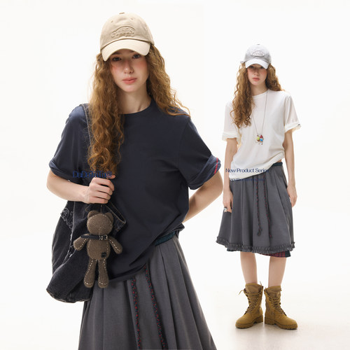 晶咕白标DADATATA春夏新款 【灰调美学】大码女装胖mm卷边短袖T恤