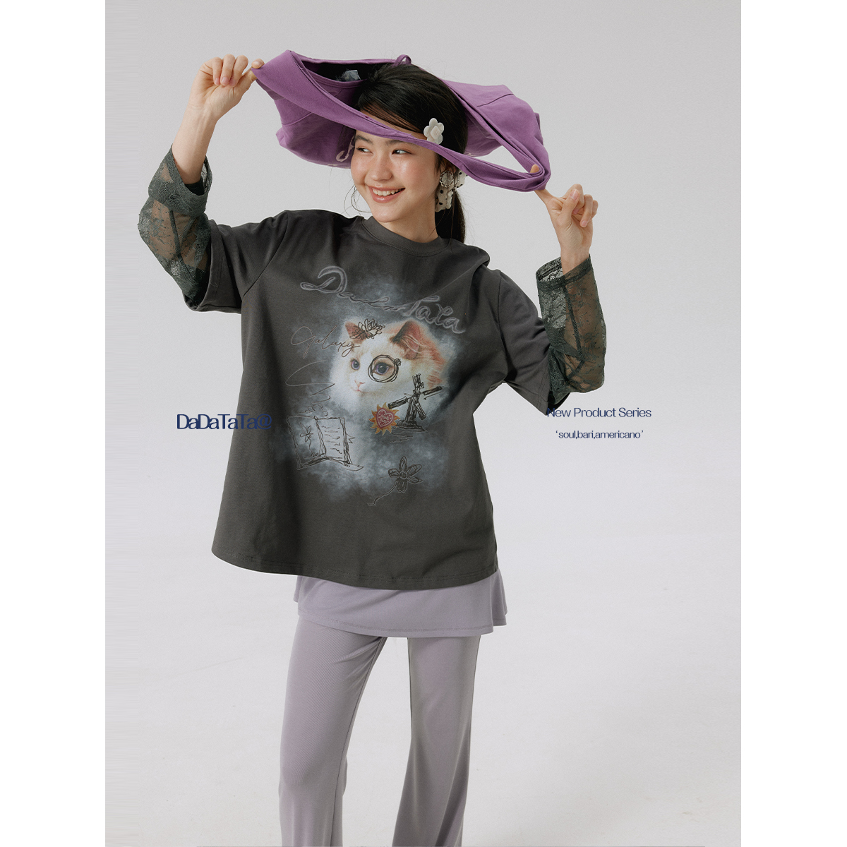 晶咕白标DADATATA【白昼梦游】宽松纯棉蕾丝袖做旧胖mm印花短袖T