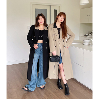 晶咕撞色领拼接露腰显瘦两穿大衣
