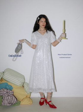 晶咕白标DADATATA【星野绮梦】亮闪闪V领微胖mm大码绝美连衣裙夏