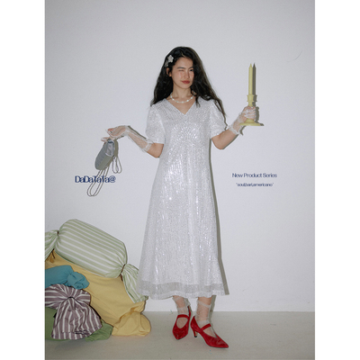 晶咕白标DADATATA【星野绮梦】亮闪闪V领微胖mm大码绝美连衣裙夏