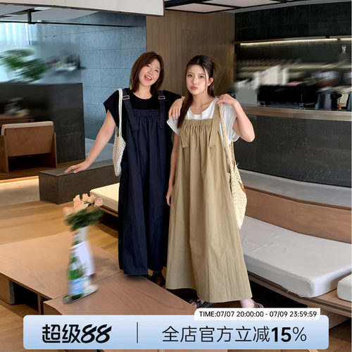 晶咕白标DADATATA立体袖短袖T恤工装风背带连衣裙夏季大码套装