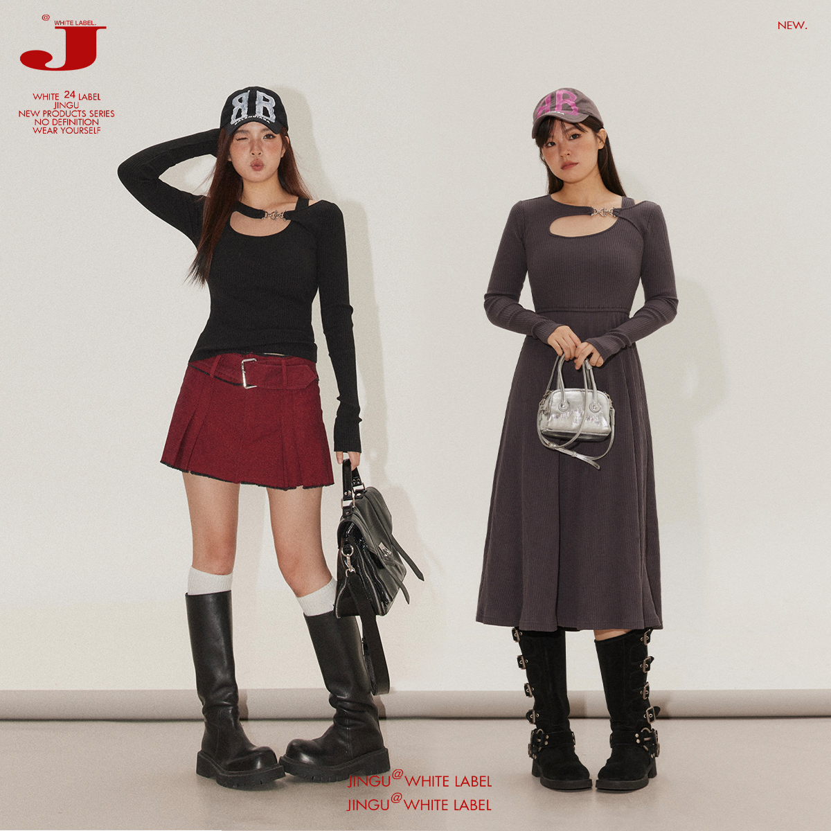 金属扣露肩针织衫设计感连衣裙