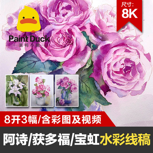 画鸭八开花卉水彩线稿玫瑰花荷花百合临摹水彩纸填色上色初学线描