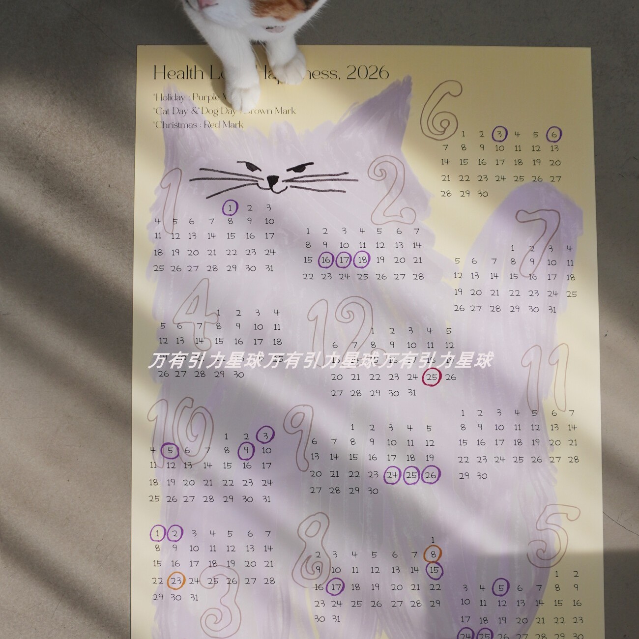 2026年韩国ins线条卡通猫咪日历